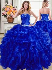 Admirable Hot Pink Ball Gowns Straps Sleeveless Organza Floor Length Lace Up Beading and Ruffles Quinceanera Gown