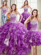 Four Piece Sleeveless Organza Floor Length Lace Up Sweet 16 Dresses in Purple for with Beading and Ruffles and Sequins