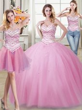 Glamorous Three Piece Ball Gowns Quinceanera Dress Rose Pink Sweetheart Tulle Sleeveless Floor Length Lace Up