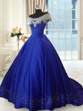 Off the Shoulder Cap Sleeves Lace Up Sweet 16 Dresses Royal Blue and In for Military Ball and Sweet 16 and Quinceanera with Beading and Lace