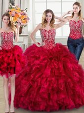 Hot Sale Three Piece Organza Sleeveless Sweet 16 Dress Brush Train and Beading and Ruffles