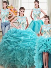 Four Piece Scoop Sleeveless Organza Floor Length Lace Up Quinceanera Dresses in Aqua Blue for with Beading and Ruffles