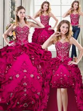 Elegant Four Piece Fuchsia Ball Gowns Organza and Taffeta Sweetheart Sleeveless Beading and Embroidery Floor Length Lace Up Quinceanera Dress