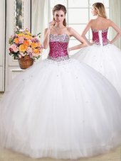White Ball Gowns Beading Quinceanera Dresses Lace Up Tulle Sleeveless Floor Length