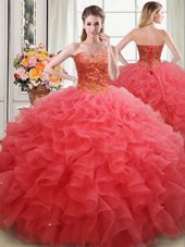 Suitable Coral Red Sweet 16 Quinceanera Dress Military Ball and Sweet 16 and Quinceanera and For with Beading and Ruffles Sweetheart Sleeveless Lace Up