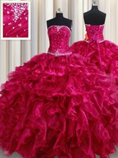 Decent Fuchsia Ball Gowns Beading and Ruffles Sweet 16 Dress Lace Up Organza Sleeveless Floor Length