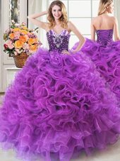 Three Piece Organza High-neck Sleeveless Lace Up Beading and Ruffles 15th Birthday Dress in White and Red