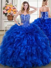 Modern Royal Blue Organza Lace Up Sweetheart Sleeveless With Train Sweet 16 Dress Brush Train Beading and Ruffles
