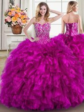 Fuchsia Ball Gowns Sweetheart Sleeveless Organza and Taffeta Floor Length Lace Up Beading and Embroidery and Pick Ups 15th Birthday Dress