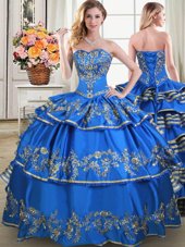 Blue Ball Gown Prom Dress Military Ball and Sweet 16 and Quinceanera and For with Beading and Embroidery and Ruffled Layers Sweetheart Sleeveless Lace Up