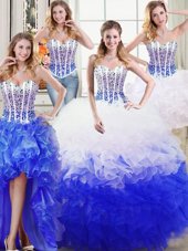 Four Piece White and Blue Organza Lace Up Vestidos de Quinceanera Sleeveless Floor Length Beading and Ruffles