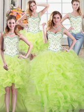 Four Piece Straps Straps Yellow Green Sleeveless Beading and Lace and Ruffles Floor Length Quince Ball Gowns