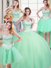 Four Piece Apple Green Tulle Lace Up Sweet 16 Quinceanera Dress Sleeveless Floor Length Beading
