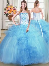 Suitable Tulle Strapless Sleeveless Lace Up Beading and Appliques and Ruffles Quinceanera Gowns in Light Blue