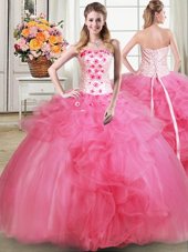 Hot Pink Sleeveless Tulle Lace Up Sweet 16 Dress for Military Ball and Sweet 16 and Quinceanera