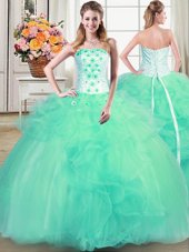 Tulle Sleeveless Floor Length Quinceanera Gown and Beading and Appliques and Ruffles