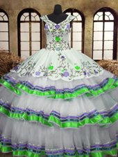 Pretty Three Piece Straps Sleeveless Quinceanera Gowns Floor Length Beading and Ruffles White Organza