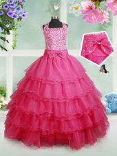Hot Sale Hot Pink Ball Gowns Halter Top Sleeveless Organza Floor Length Zipper Beading and Ruffled Layers and Bowknot Womens Party Dresses