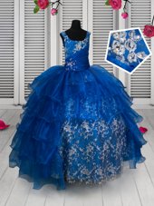 Scoop Royal Blue Sleeveless Beading and Lace and Ruffled Layers Floor Length Flower Girl Dresses