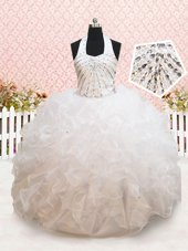 Enchanting Floor Length White Little Girls Pageant Dress Wholesale Halter Top Sleeveless Lace Up