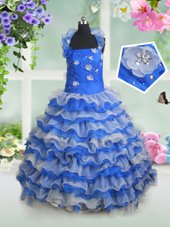 Blue And White Ball Gowns Halter Top Sleeveless Organza Floor Length Lace Up Beading and Appliques and Ruffled Layers Flower Girl Dress