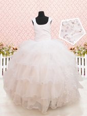 Charming Scoop White Lace Up Little Girl Pageant Dress Beading and Ruffled Layers and Sequins Sleeveless Floor Length