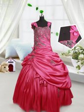 Vintage Straps Straps Beading and Appliques and Pick Ups Party Dress for Toddlers Hot Pink Lace Up Sleeveless Floor Length