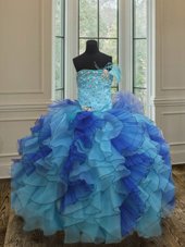 Super Blue Strapless Neckline Beading and Ruffles Little Girl Pageant Dress Sleeveless Lace Up