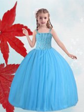 Sumptuous Ball Gowns Pageant Gowns For Girls Baby Blue Straps Taffeta and Tulle Sleeveless Floor Length Lace Up