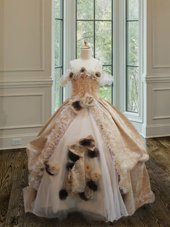 Trendy Champagne Clasp Handle Off The Shoulder Lace and Ruffles and Hand Made Flower Party Dress Organza and Lace Sleeveless