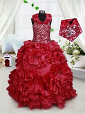 Beauteous Halter Top Sequins Floor Length Ball Gowns Sleeveless Wine Red Flower Girl Dresses Zipper