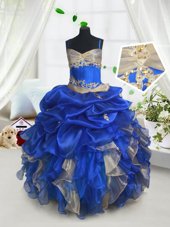 Custom Design Blue and Champagne Organza Lace Up Party Dress Wholesale Sleeveless Floor Length Beading and Ruffles and Pick Ups
