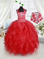 Halter Top Sleeveless Organza Floor Length Lace Up Party Dress for Girls in Red for with Beading and Ruffles