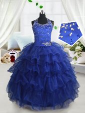 Halter Top Royal Blue Sleeveless Beading and Ruffled Layers Floor Length Flower Girl Dress