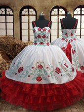 Fashion White and Red Spaghetti Straps Neckline Embroidery and Ruffled Layers Flower Girl Dresses for Less Sleeveless Lace Up