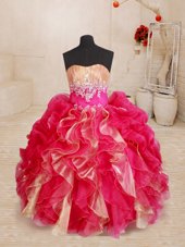 Sleeveless Floor Length Beading and Ruffles Lace Up Toddler Flower Girl Dress with Red