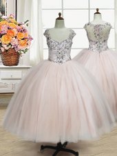 Pink Flower Girl Dresses Quinceanera and Wedding Party and For with Beading Straps Cap Sleeves Zipper