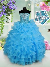 Sequins Ruffled Ball Gowns Flower Girl Dresses Baby Blue Strapless Organza Sleeveless Floor Length Lace Up