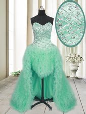Tulle Sweetheart Sleeveless Brush Train Lace Up Beading and Ruffles Prom Party Dress in Apple Green