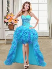 Vintage Sweetheart Sleeveless Prom Dress High Low Beading and Ruffles Aqua Blue Organza