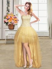 Dramatic Gold Lace Up Sweetheart Beading and Sequins Homecoming Gowns Tulle Sleeveless
