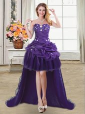 Best Organza Sweetheart Sleeveless Lace Up Beading and Appliques and Pick Ups Prom Gown in Purple