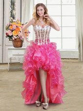 Ideal Sweetheart Sleeveless High Low Beading and Ruffles Hot Pink Organza