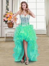 Best Selling Turquoise Lace Up Homecoming Dresses Beading and Ruffles Sleeveless High Low