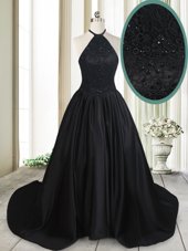 Unique Taffeta Halter Top Sleeveless Brush Train Lace Up Beading and Lace Dress for Prom in Black