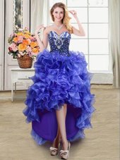 Sleeveless Organza High Low Lace Up Homecoming Dress in Blue for with Ruffles