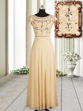 Scoop Cap Sleeves Floor Length Beading Zipper Prom Dress with Champagne