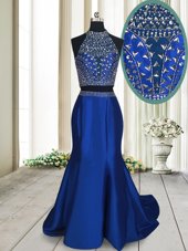 With Train Royal Blue Homecoming Dress High-neck Sleeveless Sweep Train Criss Cross