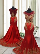 Mermaid Wine Red Scoop Side Zipper Appliques Prom Party Dress Sweep Train Cap Sleeves