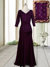 Dark Purple Neckline Beading and Lace and Hand Made Flower Evening Dress Half Sleeves Zipper